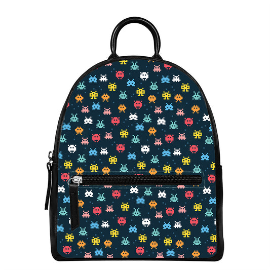 8-Bit Video Game Monsters Pattern Print Leather Backpack