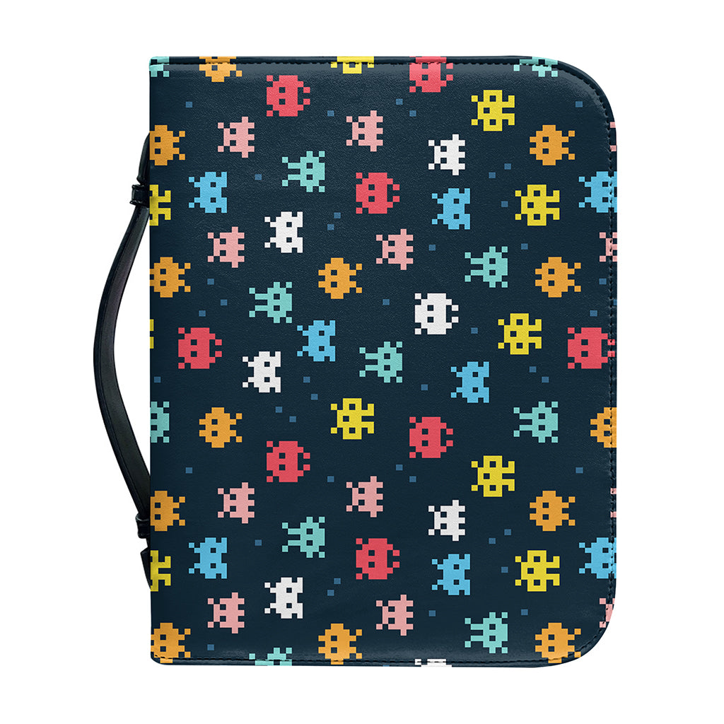 8-Bit Video Game Monsters Pattern Print Leather Bible Cover