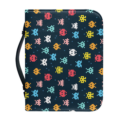8-Bit Video Game Monsters Pattern Print Leather Bible Cover