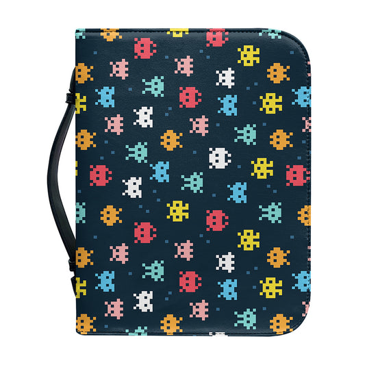 8-Bit Video Game Monsters Pattern Print Leather Bible Cover