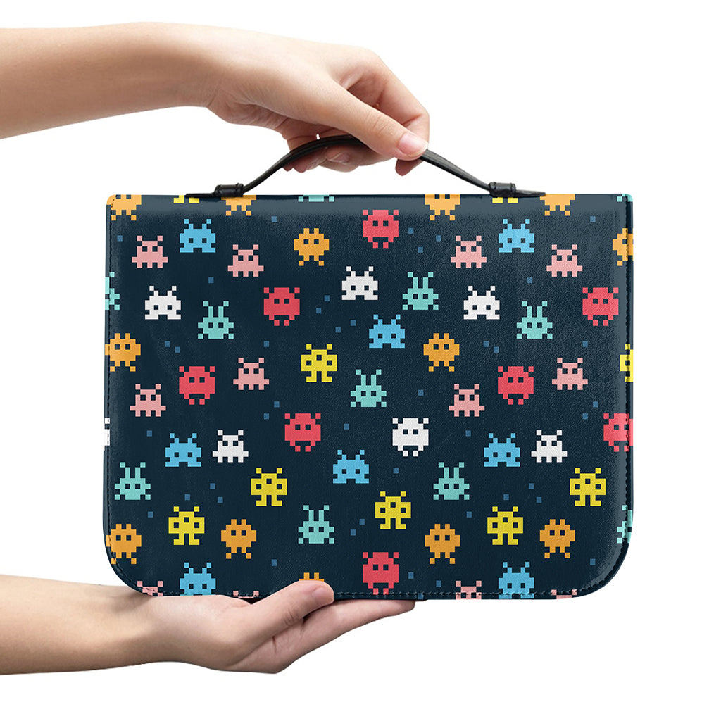 8-Bit Video Game Monsters Pattern Print Leather Bible Cover