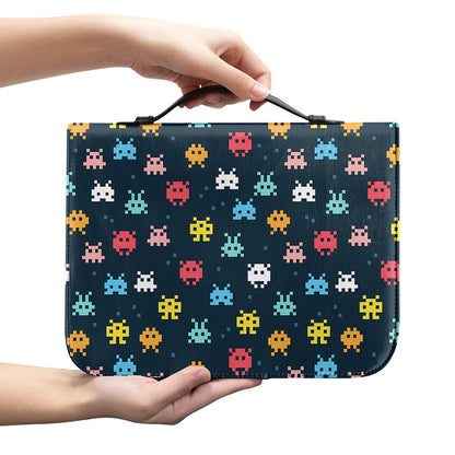 8-Bit Video Game Monsters Pattern Print Leather Bible Cover