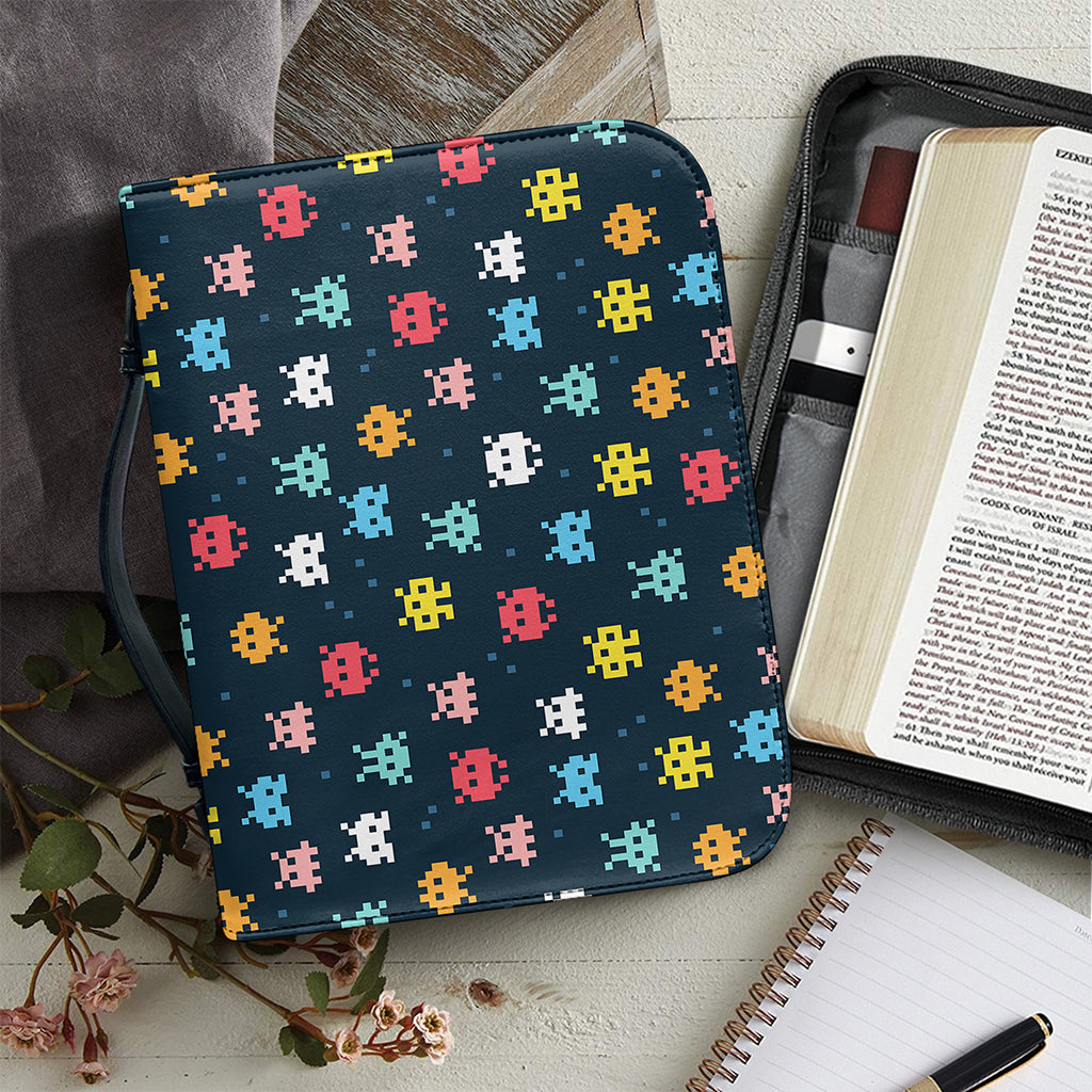8-Bit Video Game Monsters Pattern Print Leather Bible Cover