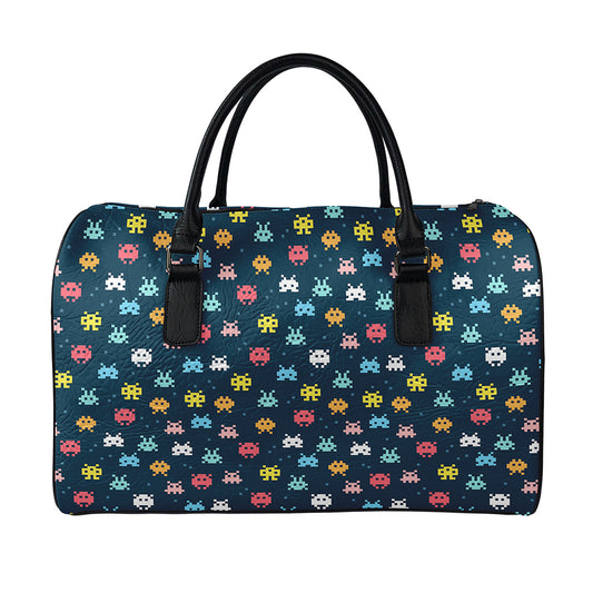 8-Bit Video Game Monsters Pattern Print Leather Duffle Bag
