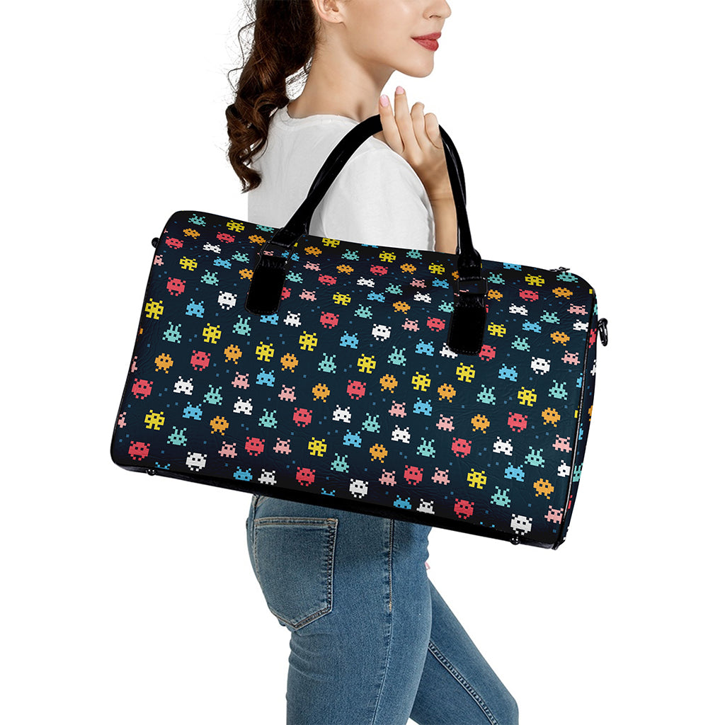 8-Bit Video Game Monsters Pattern Print Leather Duffle Bag