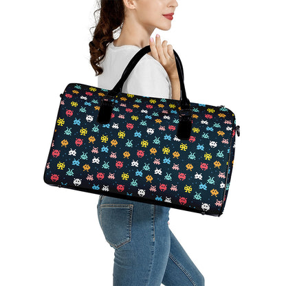 8-Bit Video Game Monsters Pattern Print Leather Duffle Bag
