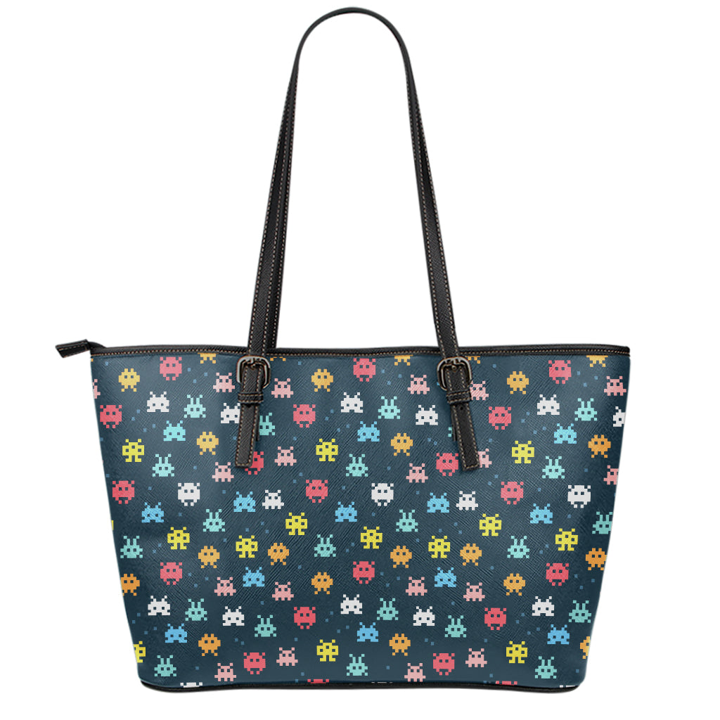8-Bit Video Game Monsters Pattern Print Leather Tote Bag