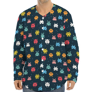 8-Bit Video Game Monsters Pattern Print Long Sleeve Baseball Jersey