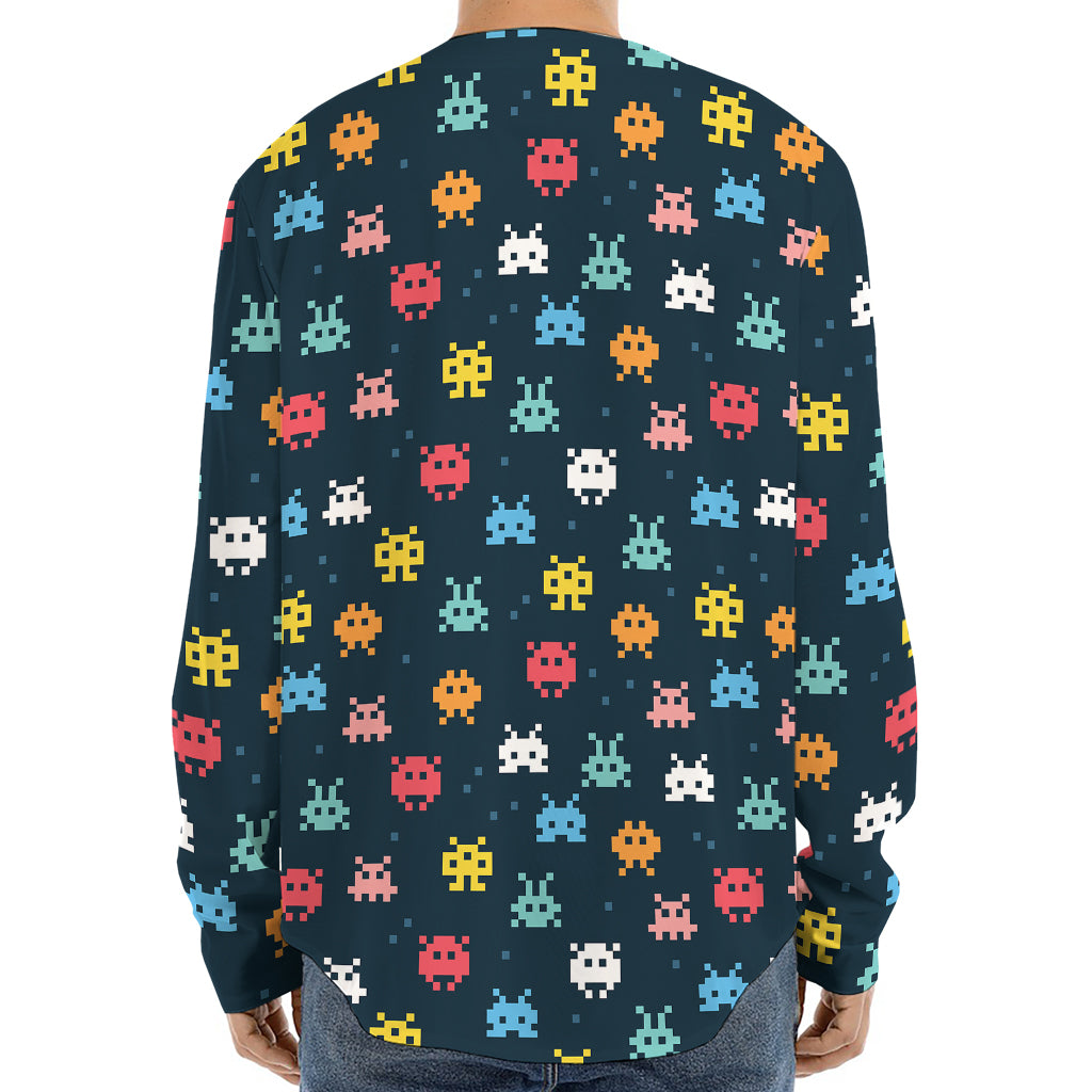 8-Bit Video Game Monsters Pattern Print Long Sleeve Baseball Jersey