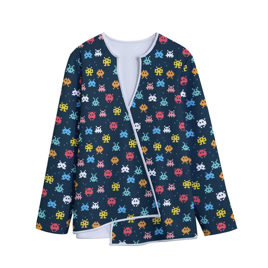 8-Bit Video Game Monsters Pattern Print Long Sleeve Short Coat