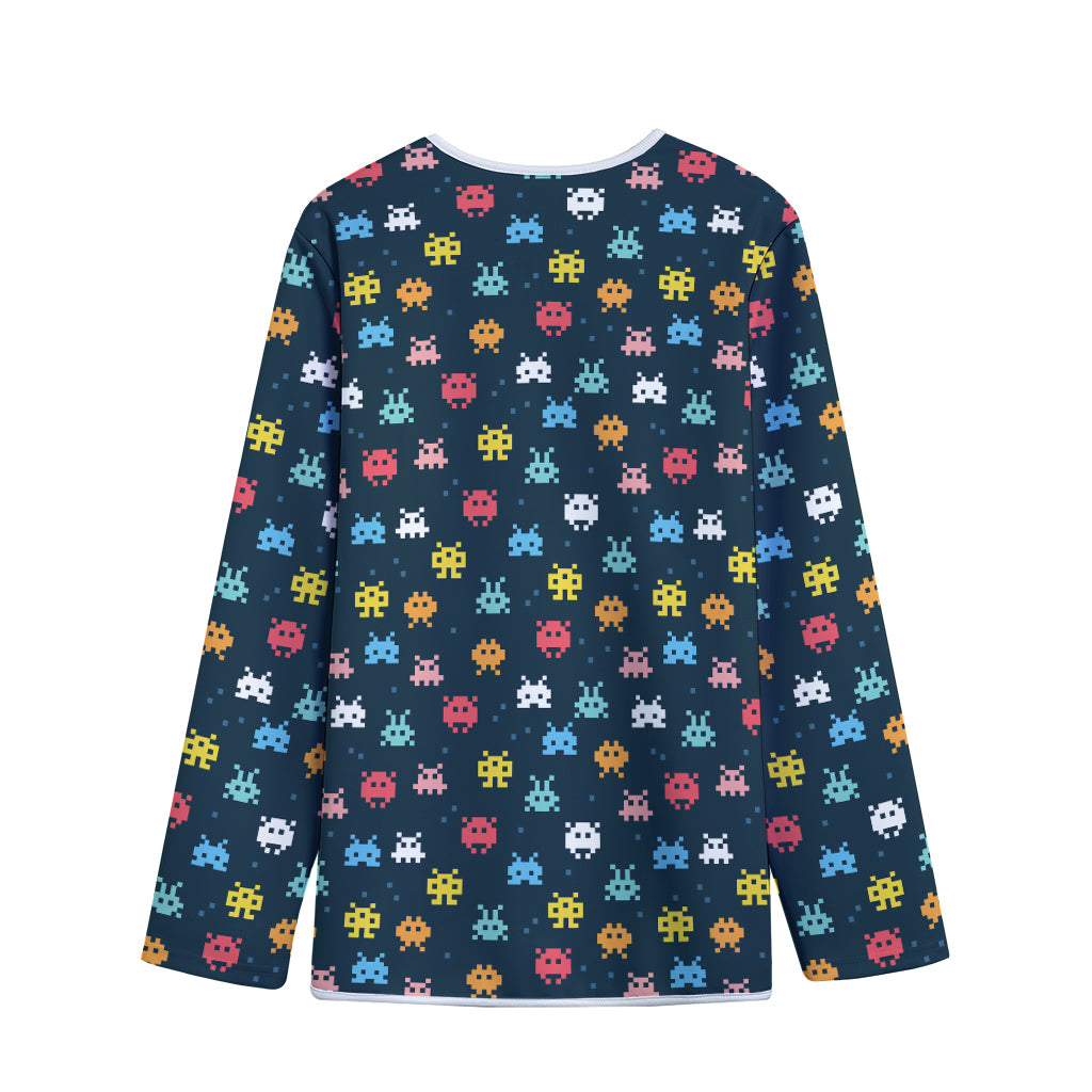 8-Bit Video Game Monsters Pattern Print Long Sleeve Short Coat