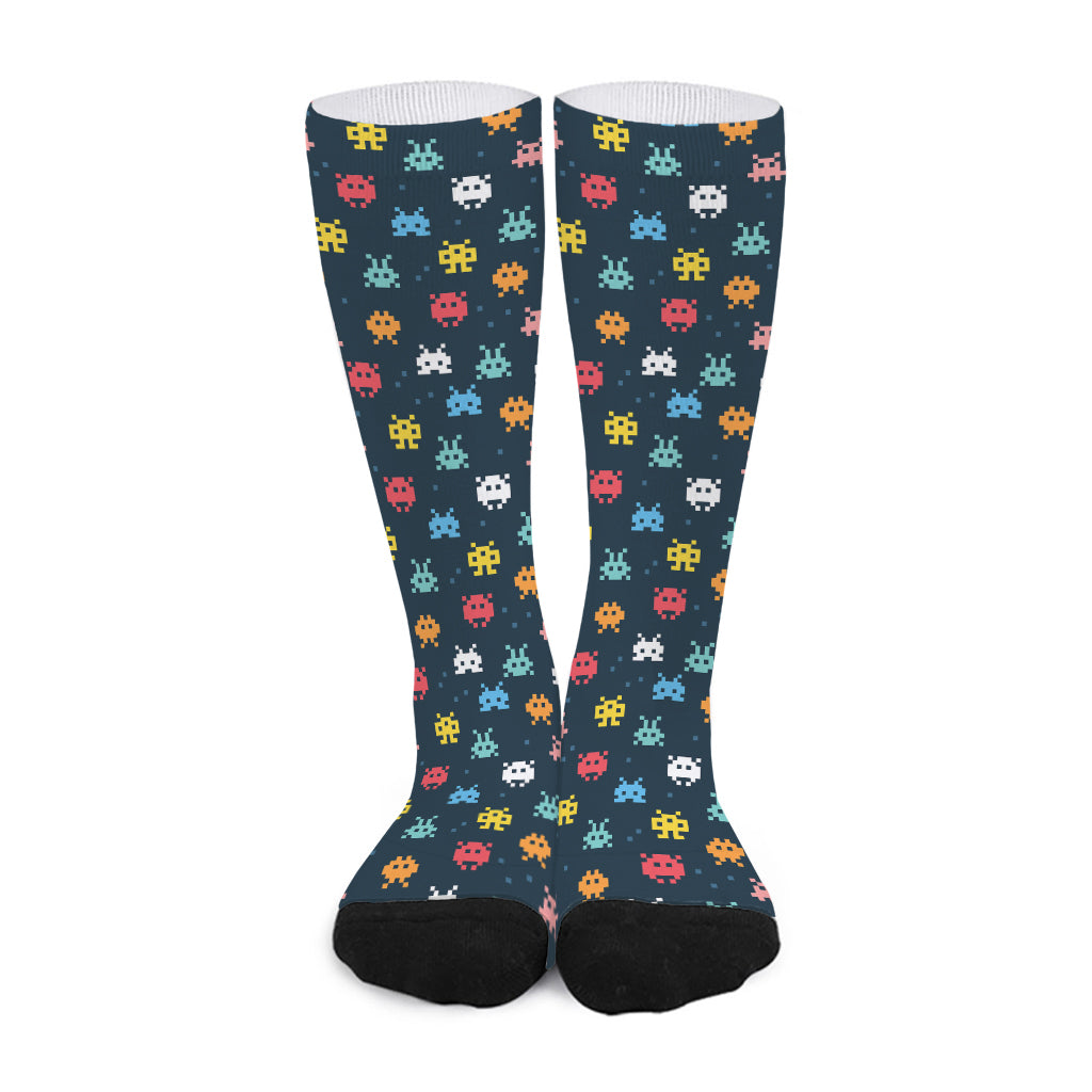 8-Bit Video Game Monsters Pattern Print Long Socks