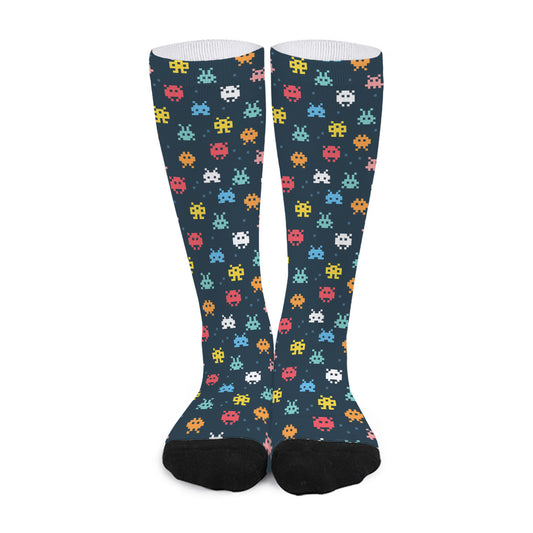 8-Bit Video Game Monsters Pattern Print Long Socks