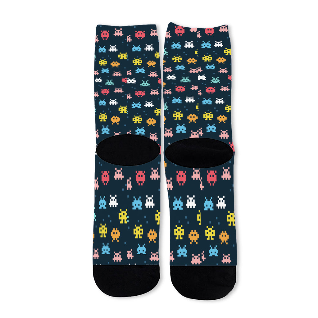 8-Bit Video Game Monsters Pattern Print Long Socks
