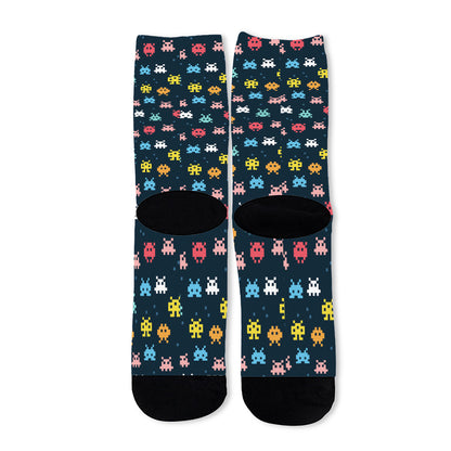 8-Bit Video Game Monsters Pattern Print Long Socks