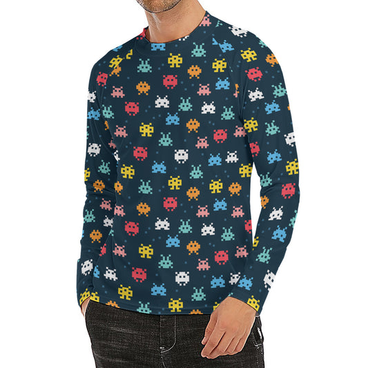 8-Bit Video Game Monsters Pattern Print Men's Long Sleeve Rash Guard