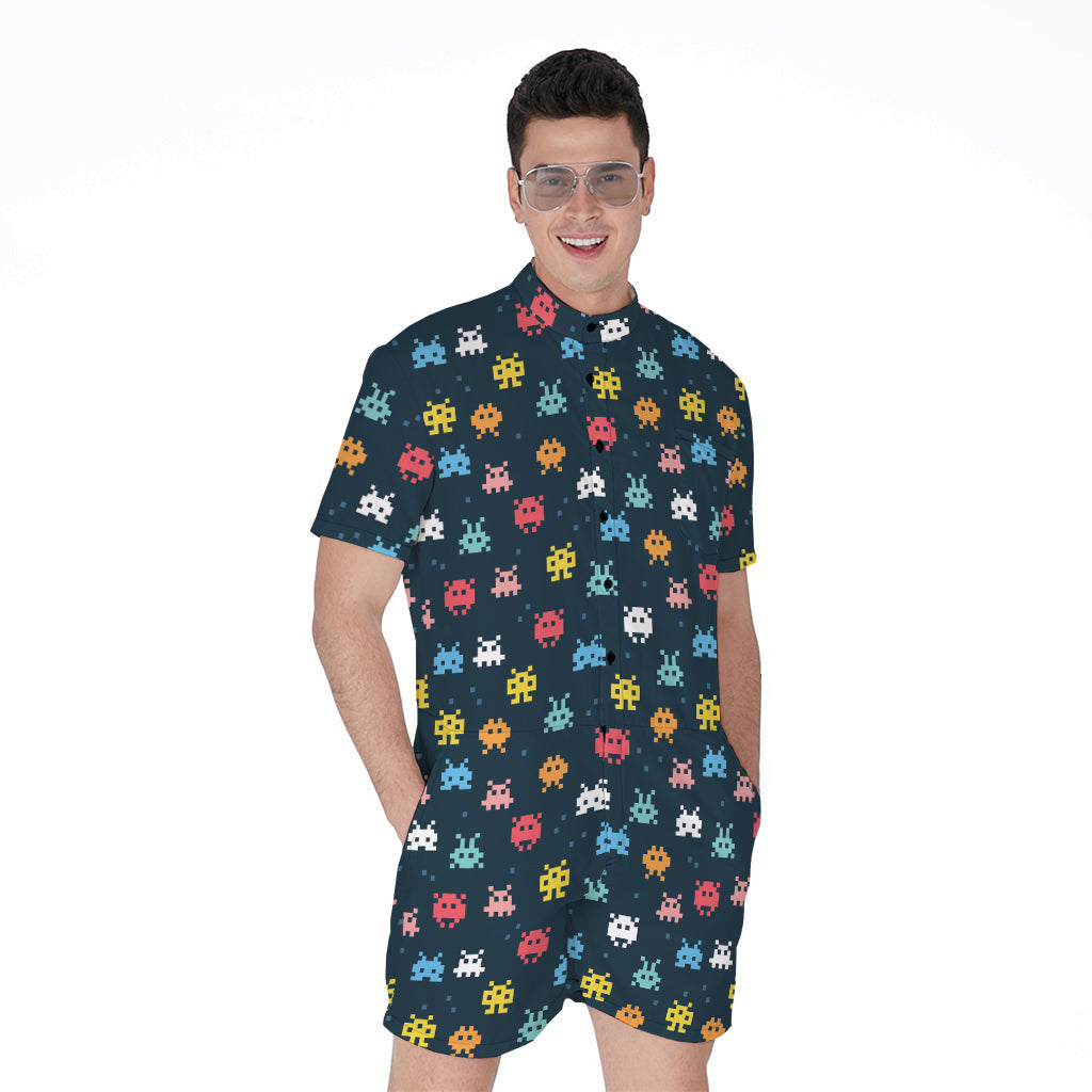 8-Bit Video Game Monsters Pattern Print Men's Rompers