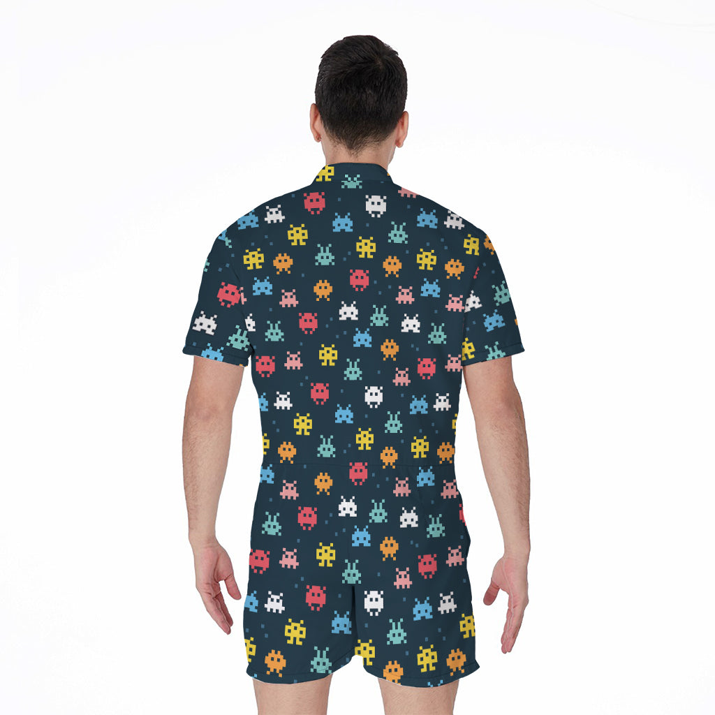 8-Bit Video Game Monsters Pattern Print Men's Rompers