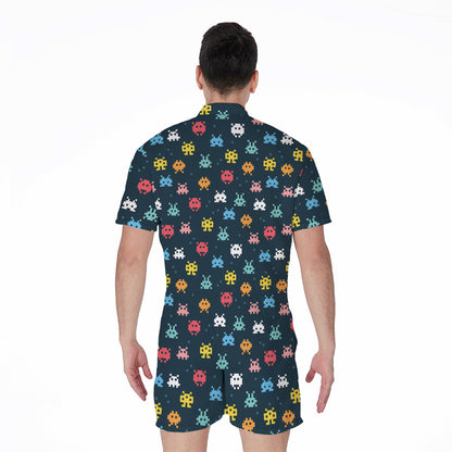 8-Bit Video Game Monsters Pattern Print Men's Rompers