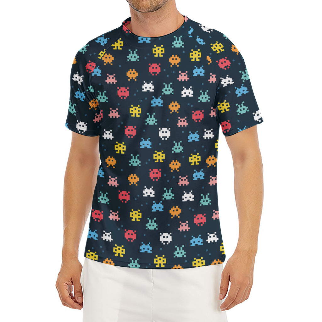8-Bit Video Game Monsters Pattern Print Men's Short Sleeve Rash Guard