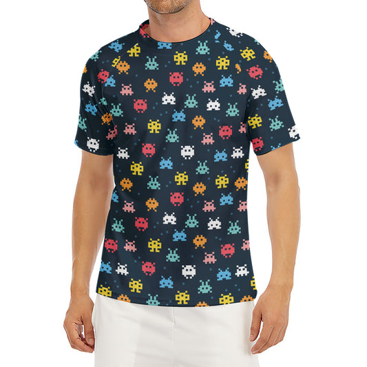 8-Bit Video Game Monsters Pattern Print Men's Short Sleeve Rash Guard