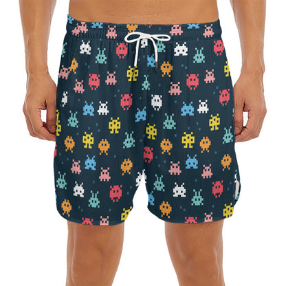 8-Bit Video Game Monsters Pattern Print Men's Split Running Shorts