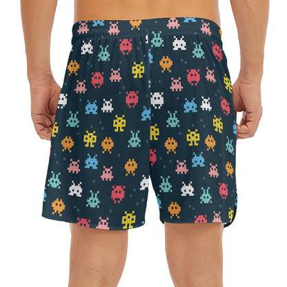 8-Bit Video Game Monsters Pattern Print Men's Split Running Shorts