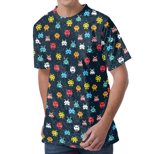 8-Bit Video Game Monsters Pattern Print Men's Velvet T-Shirt