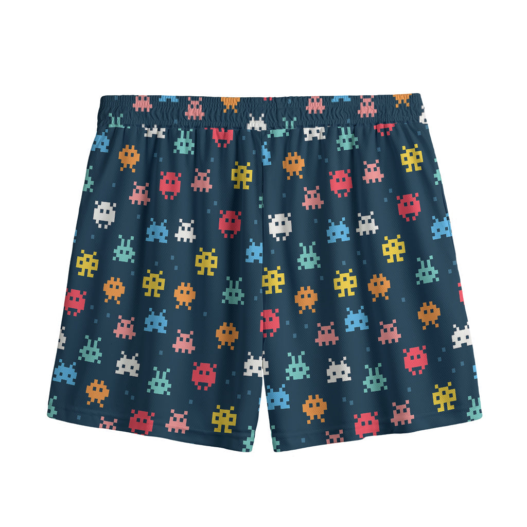 8-Bit Video Game Monsters Pattern Print Mesh Shorts
