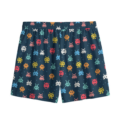 8-Bit Video Game Monsters Pattern Print Mesh Shorts