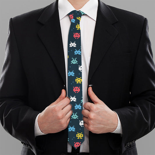 8-Bit Video Game Monsters Pattern Print Necktie