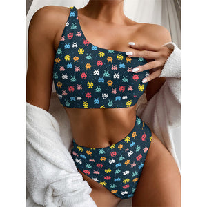 8-Bit Video Game Monsters Pattern Print One Shoulder Bikini Top