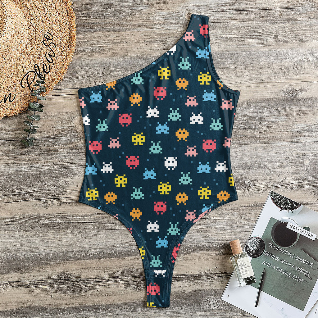 8-Bit Video Game Monsters Pattern Print One Shoulder Bodysuit