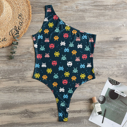 8-Bit Video Game Monsters Pattern Print One Shoulder Bodysuit