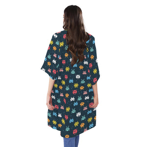 8-Bit Video Game Monsters Pattern Print Open Front Beach Cover Up