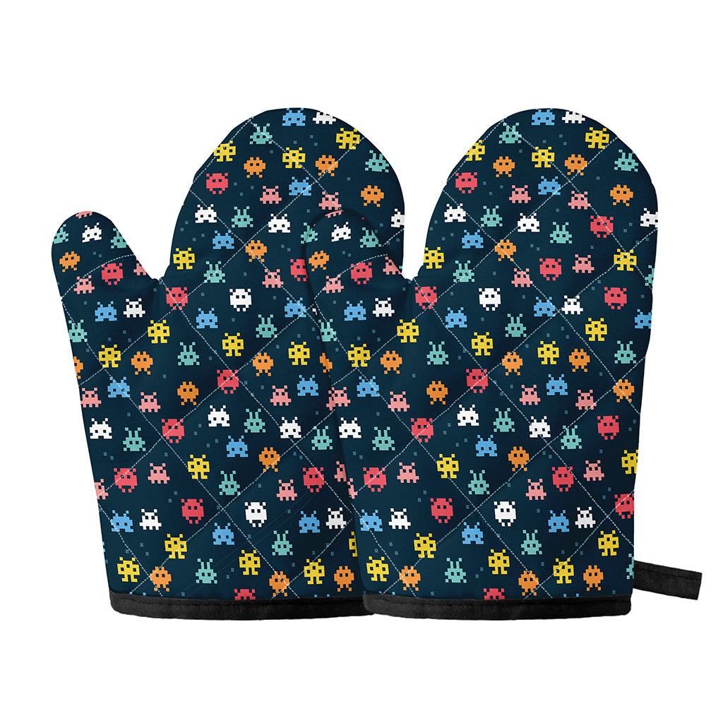 8-Bit Video Game Monsters Pattern Print Oven Mitts