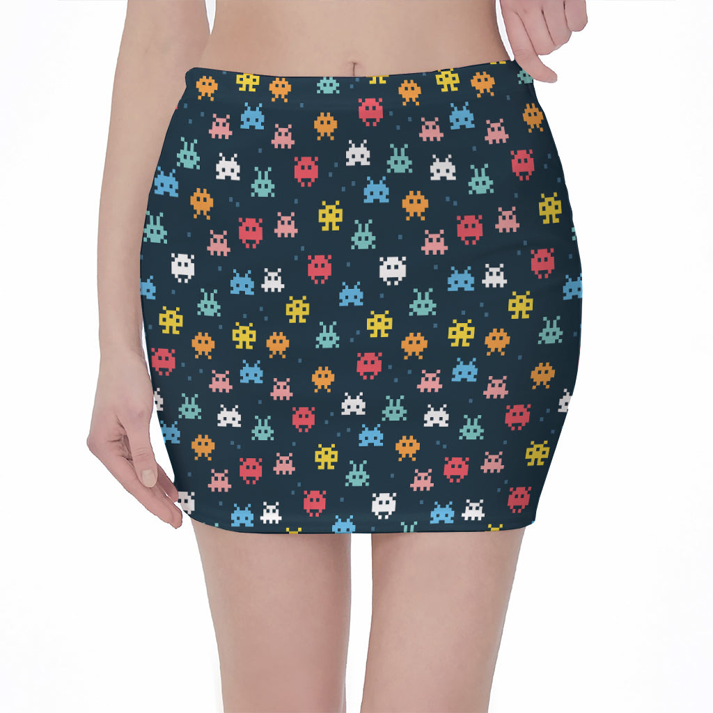 8-Bit Video Game Monsters Pattern Print Pencil Mini Skirt