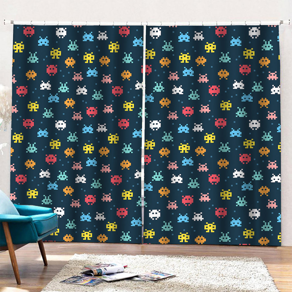 8-Bit Video Game Monsters Pattern Print Pencil Pleat Curtains