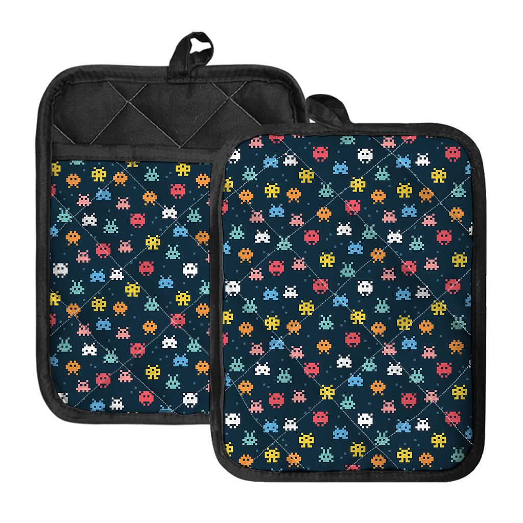 8-Bit Video Game Monsters Pattern Print Pot Holders With Pocket