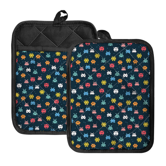 8-Bit Video Game Monsters Pattern Print Pot Holders With Pocket