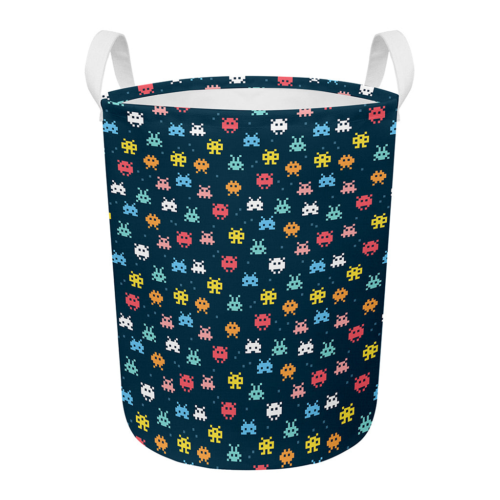 8-Bit Video Game Monsters Pattern Print Round Laundry Basket