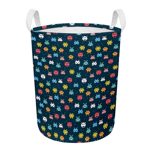 8-Bit Video Game Monsters Pattern Print Round Laundry Basket