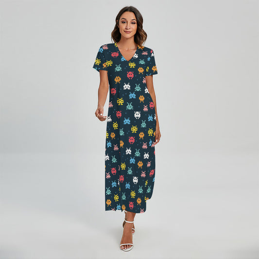 8-Bit Video Game Monsters Pattern Print Short Sleeve Maxi Dress