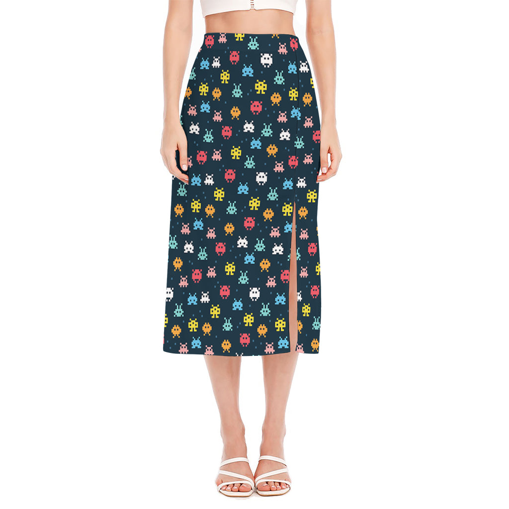 8-Bit Video Game Monsters Pattern Print Side Slit Midi Skirt