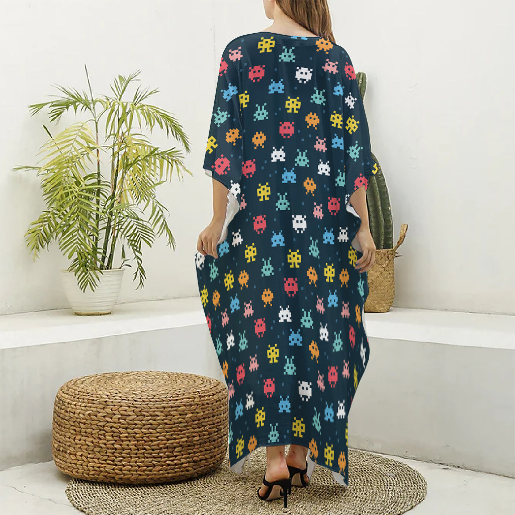 8-Bit Video Game Monsters Pattern Print Silk V-Neck Kaftan Dress