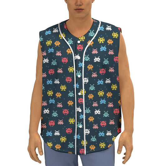 8-Bit Video Game Monsters Pattern Print Sleeveless Baseball Jersey