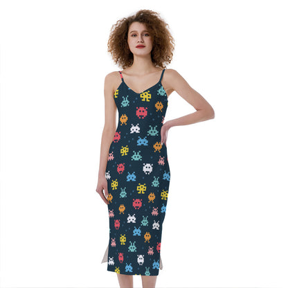 8-Bit Video Game Monsters Pattern Print Slim Fit Midi Cami Dress