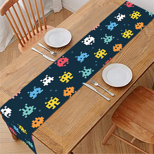 8-Bit Video Game Monsters Pattern Print Table Runner