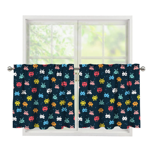 8-Bit Video Game Monsters Pattern Print Tier Curtains