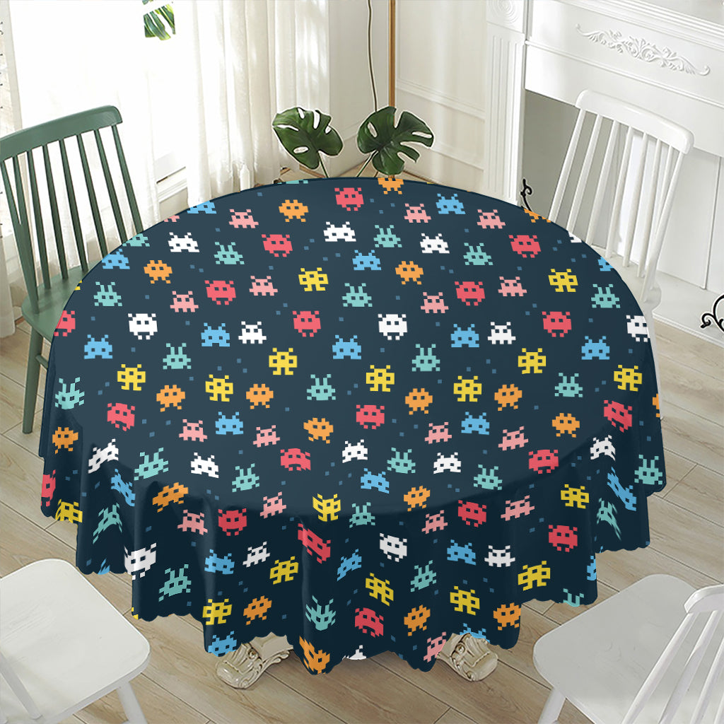 8-Bit Video Game Monsters Pattern Print Waterproof Round Tablecloth